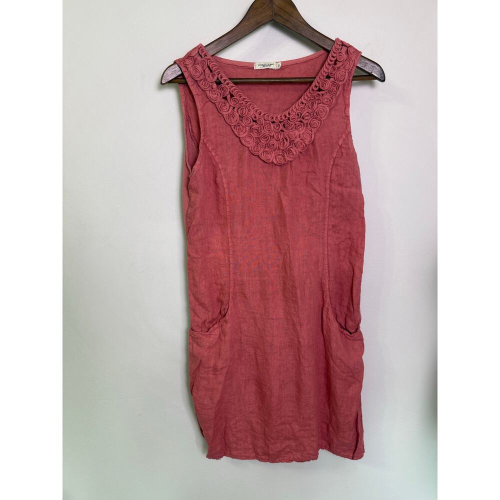 100% linen Italian made Coral Pink Dress with Crochet Neckline